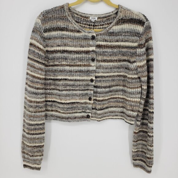3/$25 Garage Striped Cardigan Sweater XL Womens Semi Cropped Gray Brown - Picture 1 of 9